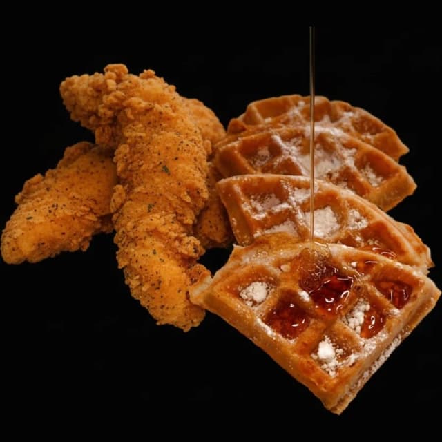 Fryer House chicken and waffles with syrup