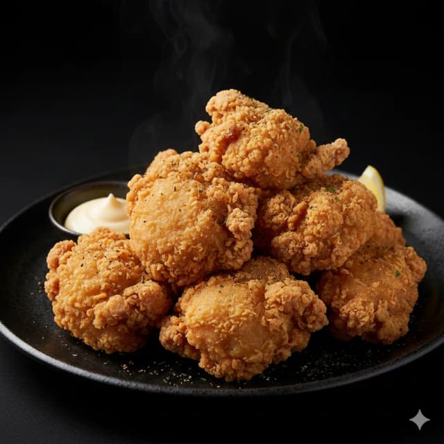 Fryer House Japanese fried chicken on a dark plate